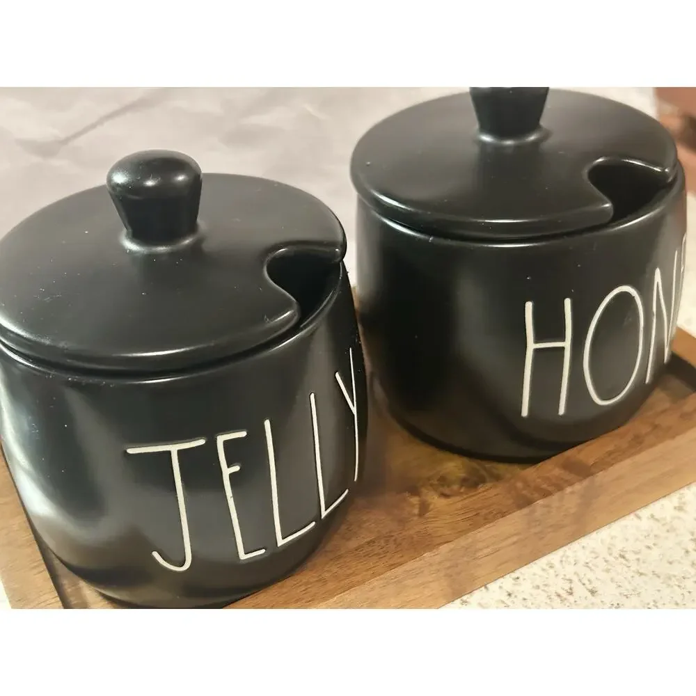 RAE DUNN Black HONEY & JELLY Set Lids & Wood Tray Breakfast Toast Artisan
